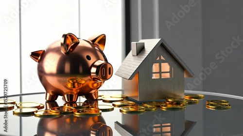 Golden piggy bank and a miniature house sit on glass table surrounded by gold coins, symbolizing savings, investment, and financial security in real estate or home ownership