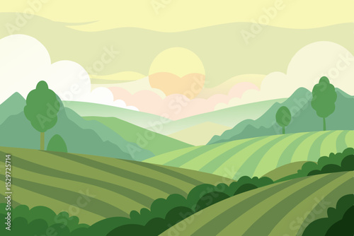 Watercolor landscape of quiet tea fields with foggy background