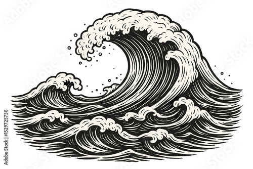 Monochrome ocean wave in traditional Japanese woodblock print style. Great wave vector illustration. Engraving art of a powerful sea storm. Vintage surf and nature graphic design.