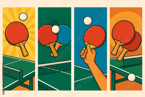 Set of retro table tennis tournament posters. Vintage ping pong banners with rackets, ball, and net. Comic style vector illustration for sports competition or championship game.