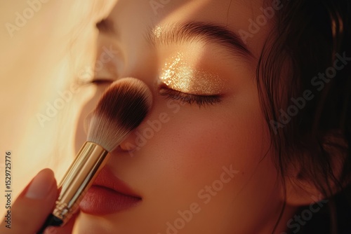 Close-up of a woman's eye with golden glitter eyeshadow, being applied with a makeup brush.