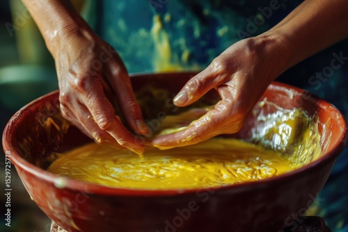 Hands mixing vibrant yellow pigment in a terracotta bowl, creating a rich, textured paint.