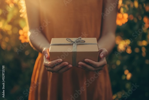 Woman's hands gently hold a small, simply wrapped gift box outdoors in warm sunlight.
