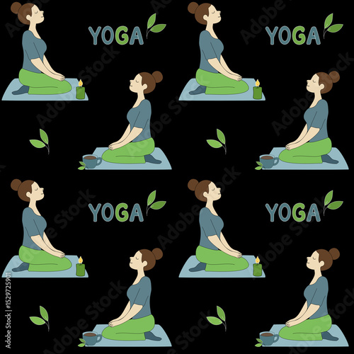 Seamless pattern with a meditating woman, yoga text, candles, coffee, and leaves on a black background. Ideal for wellness and cozy lifestyle designs.