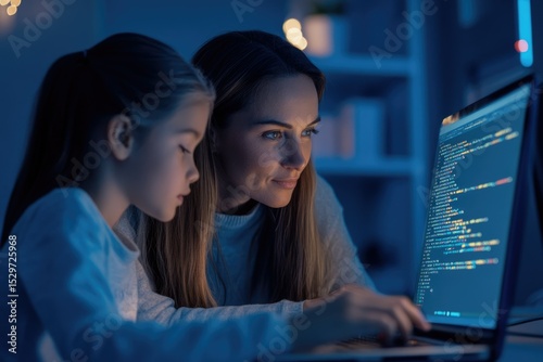 A mother and daughter collaborate on a coding project, illuminated by laptop screen glow.