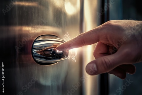 A finger touches a metallic button, activating a futuristic, glowing interface.