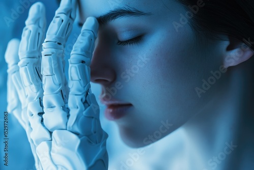 A robotic hand gently touches a woman's face, evoking a sense of futuristic connection and technological intimacy.