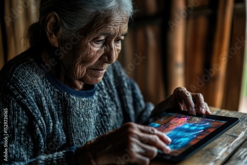 An elderly woman gently interacts with a tablet, showcasing technology's accessibility to all ages.