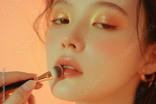 Close-up of a woman's face with golden eyeshadow and lip gloss being applied with a brush.