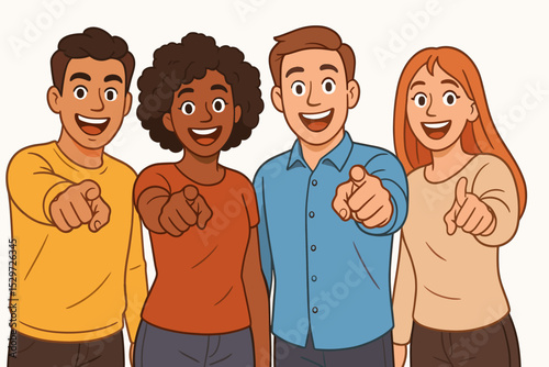 Diverse group of happy smiling people pointing fingers at the viewer. We want you concept for recruitment and hiring. Multiethnic team choosing you. Join us vector illustration.
