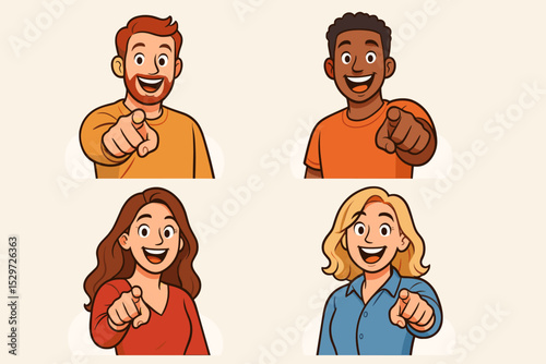 Happy cartoon people pointing at the viewer. Diverse men and women choosing you with a smile. We want you gesture for recruitment, hiring, and business advertisement concept.