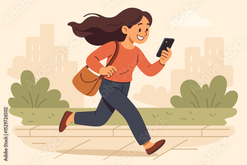 Young woman running on the move in a city park while checking her smartphone. Happy smiling girl hurrying. Modern busy lifestyle, communication and technology concept. Flat vector.