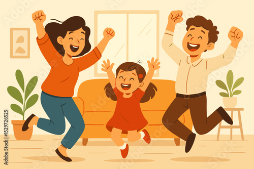 Happy family jumping and celebrating success together in living room. Excited mother, father, and daughter express joy over victory. Concept of happiness, achievement, good news.
