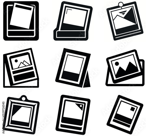Black and White Photo Frame Icon Set Vector Illustration