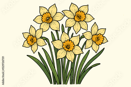Vintage Narcissus flowers illustration in a hand-drawn woodcut style. Botanical vector art of a yellow daffodil bouquet. Spring floral graphic with jonquil blossoms and leaves.