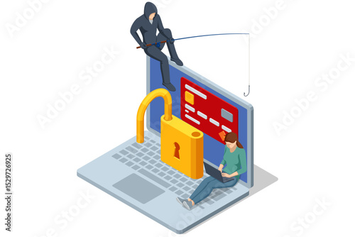 Isometric depiction of a hooded hacker reeling in a credit-card panel from a computer screen, surrounded by broken shield and alert icons, illustrating a phishing attack.