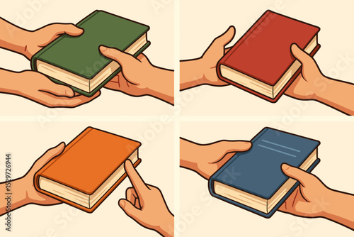 Book sharing set. Hands giving and receiving books. Knowledge exchange metaphor. Education, learning, literature concept. Library, charity, donation. Community help, support. Vector.