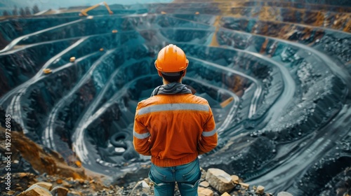 A person in an orange jacket and hard hat stands at a mining site, overlooking the extensive quarry, showcasing the scale and complexity of the mining operation.