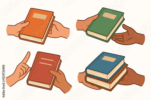 Book sharing vector illustration set. Hands giving, receiving and choosing books. Concept for education, knowledge, charity, donation, library, bookstore, community, literature.