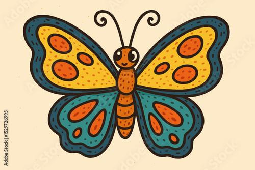 Cute butterfly illustration in a retro folk art style. Hand-drawn cartoon insect with a vintage linocut print texture. Whimsical colorful graphic doodle for kids on craft paper.