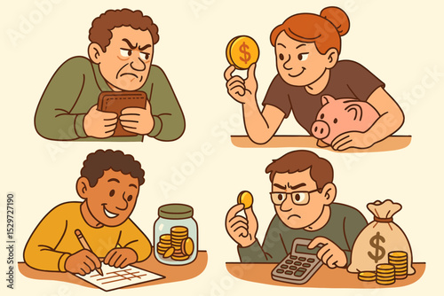 Personal finance illustration set with diverse characters. Concepts of budgeting, saving money, and financial stress. People managing wealth and poverty with piggy bank and calculator.