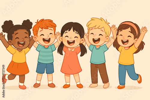 Happy multicultural children standing together, celebrating with arms raised. Joyful group of diverse kids. Concept of friendship, unity, childhood. Cute cartoon vector illustration.