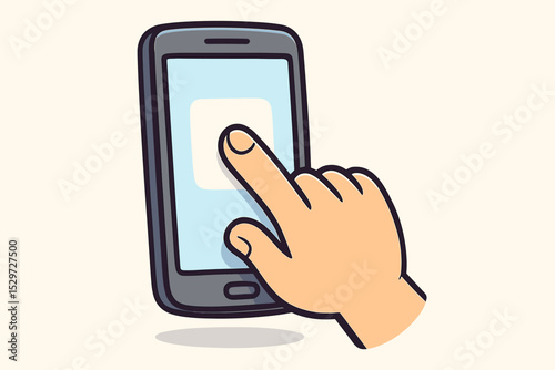 Hand touching smartphone screen. Finger tapping mobile app icon. Vector illustration of user interaction with a digital device. Concept of technology and user interface design.