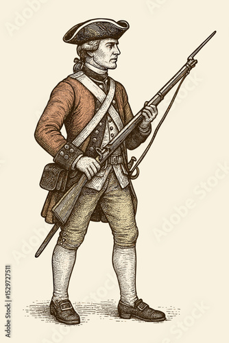 18th Century British soldier in redcoat uniform holding a musket with bayonet. Historical illustration of a military man from the American Revolutionary War era. Vintage engraving style vector.