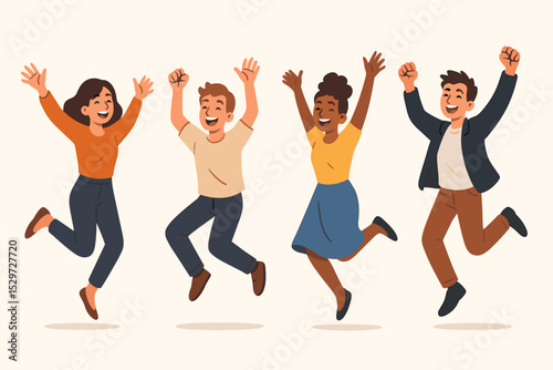 Happy diverse group of people jumping for joy. Friends celebrating success together. Team achievement and victory concept. Fun cartoon characters vector illustration isolated.