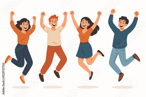 Happy people jumping. Group of joyful young friends celebrating success. Men and women characters cheering for victory. Teamwork achievement concept. Positive emotion vector set.