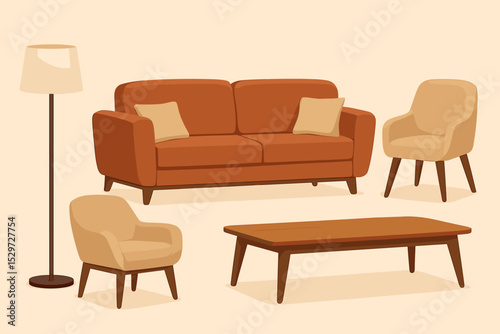 Modern furniture collection for interior design. Vector set of cozy living room elements: sofa, armchairs, coffee table, lamp. Mid-century retro style home decor illustration.