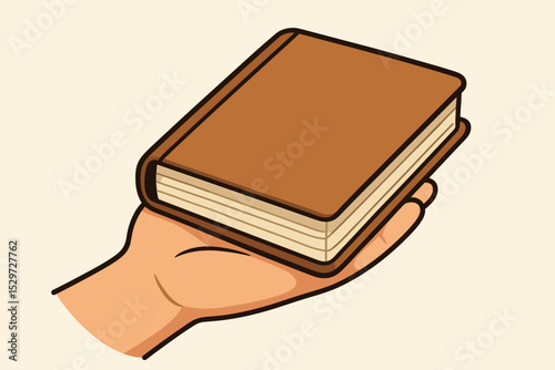 Hand holding closed book vector illustration. Concept of sharing knowledge, reading, and literature. Education and learning symbol. Library or bookstore icon for study or information.