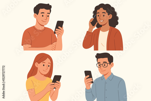 People using smartphone character illustration set. Diverse men and women talking, texting, and browsing on mobile phones. Modern technology and communication concept. Flat vector.