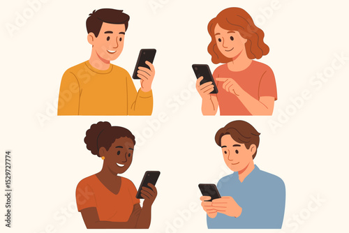 Diverse people using smartphones illustration set. Young man and woman characters looking at phone, texting, chatting, browsing social media. Mobile communication technology concept.