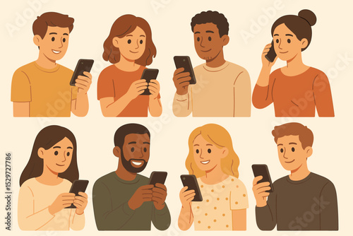 Diverse multiethnic people using smartphones. Set of young men and women characters texting, calling, scrolling. Mobile technology, social media, and digital communication concept. Vector.