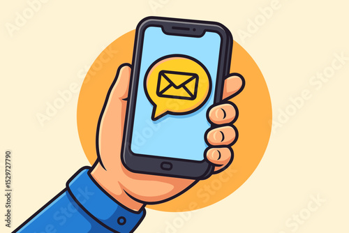 Hand holding smartphone with new message notification. Email icon in speech bubble on screen. Concept for digital communication, online chat, social media. Flat cartoon vector illustration.