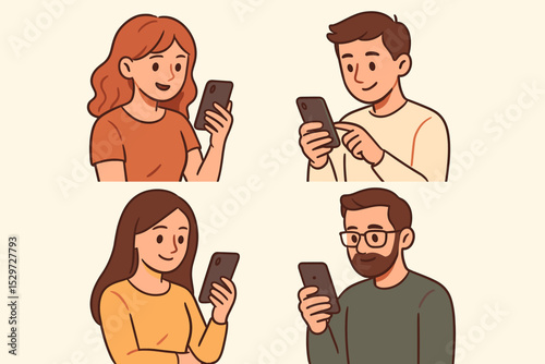 Set of cartoon people using smartphones. Men and women browsing internet, texting, and using mobile apps. Vector illustration of diverse characters with phones. Digital communication concept.