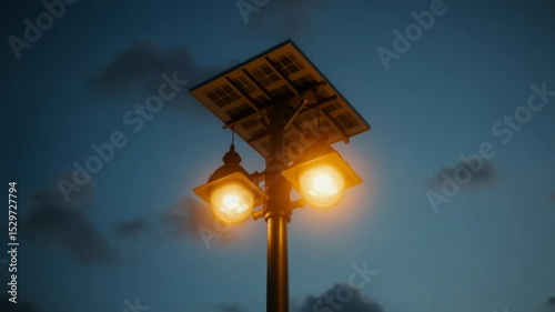 Solar street light illuminated at dusk with the sky in the background and clouds