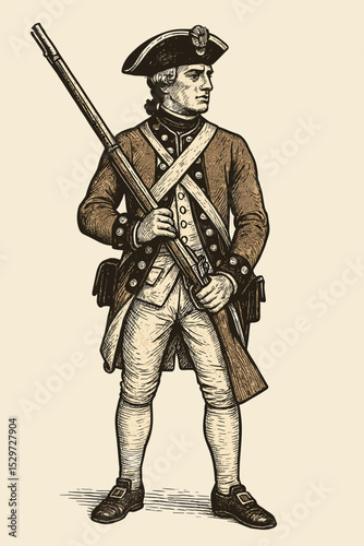 18th century soldier from the American Revolutionary War. Historical infantryman of the Continental Army in uniform holding a musket. Vintage military engraving style vector illustration.