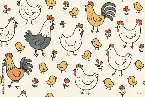 Cute Scandinavian chicken seamless pattern. Hand drawn folk art rooster, hen, and chick illustration. Farm animal background for kids textile, fabric, or wallpaper. Rustic Easter design.