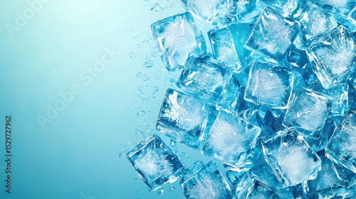 Icy Squares in Topdown View Crystal Clear Ice Cubes Cool Background Bright Lighting Effect
