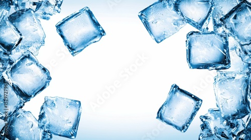 Icy Cubes Falling from Above Bright Background High-Resolution Image Clean Aesthetic Topdown View
