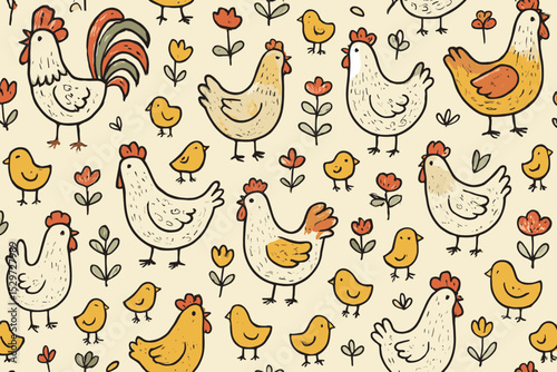 Cute chicken seamless pattern. Hand drawn Scandinavian folk art vector background with hen, rooster, chicks. Doodle illustration for kids textile, wallpaper, fabric. Farm animal.