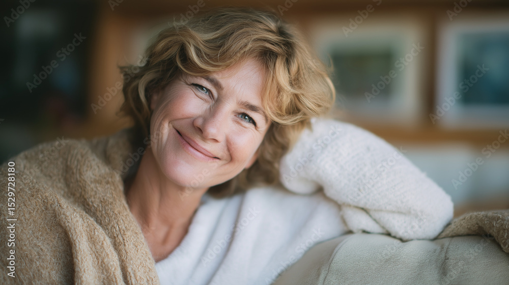 Relaxing mature woman at home with cheerful expression and cozy decor Relaxing mature woman at home with cheerful expression and cozy decor