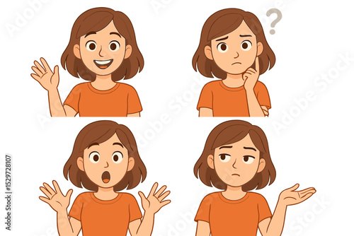Set of young woman character expressions. Girl showing various emotions and gestures: happy waving, confused thinking, surprised shocked, and shrugging. Cartoon vector emotions collection.