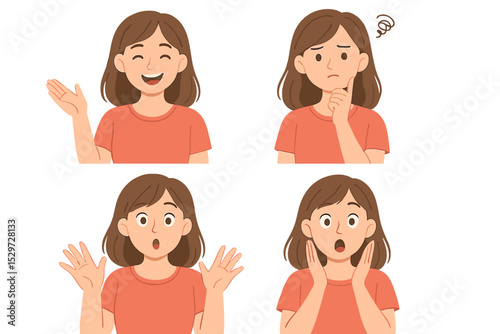 Set of woman character with different emotions. Young girl face with happy, confused, thinking, surprised, shocked expressions. Collection of female facial reactions. Vector portrait.