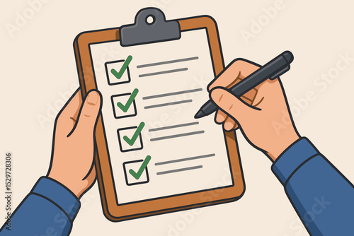 Hand holding clipboard with checklist. Man with pen marking completed tasks on a to-do list. Concept of productivity, organization, success, goal achievement, and getting things done.