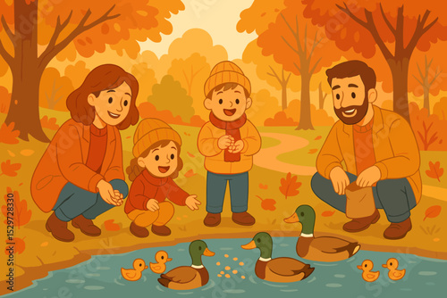 Happy family feeding ducks in an autumn park. Parents with son and daughter enjoying a fall day together by the pond. Outdoor leisure activity, wholesome family time concept.
