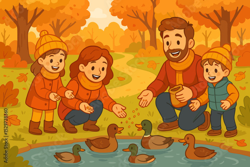Happy family with children feeding ducks in an autumn park. Mother, father, son, and daughter enjoying a fall day by the pond. Outdoor activity and family bonding cartoon illustration.