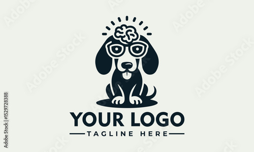 Stylized illustration of an intelligent dog head wearing large round glasses and a classic tie. Smart animal concept
